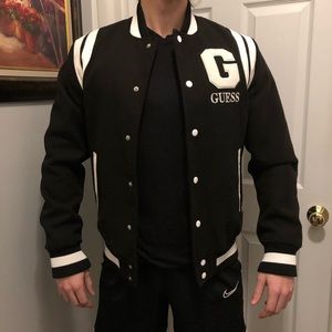 Black mens Guess letterman jacket